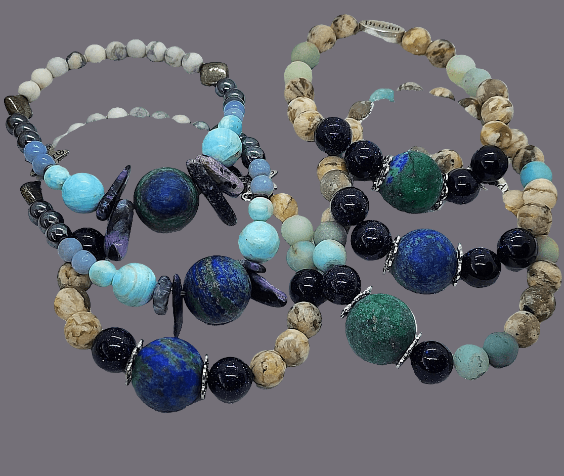 Handcrafted Gemstone Stretch Bracelet with Azurite Malachite Centerpiece - Encouragement, Grounding n
