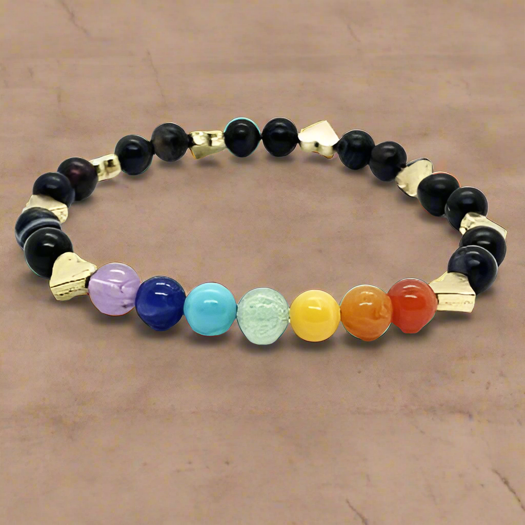 Handmade Chakra Beaded Stretch Bracelet with Gold Heart Spacers & Natural Gemstones