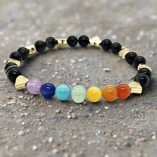 Handmade Chakra Beaded Stretch Bracelet with Gold Heart Spacers & Natural Gemstones