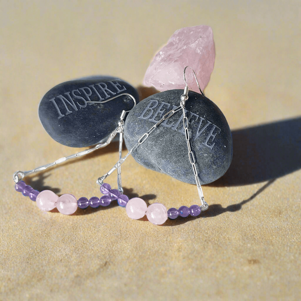 Handmade Sterling Silver Boho Earrings with Rose Quartz & Amethyst Beads | Love & Harmony Jewelry