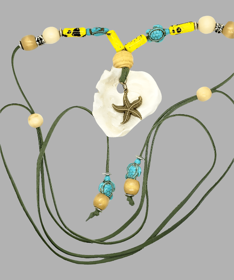 Boho Long Adjustable Green Necklace - Lariat - Beach Boho Style - Seashell - Turquoise Turtle Charms -