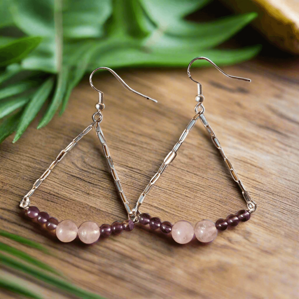 Handmade Sterling Silver Boho Earrings with Rose Quartz & Amethyst Beads | Love & Harmony Jewelry