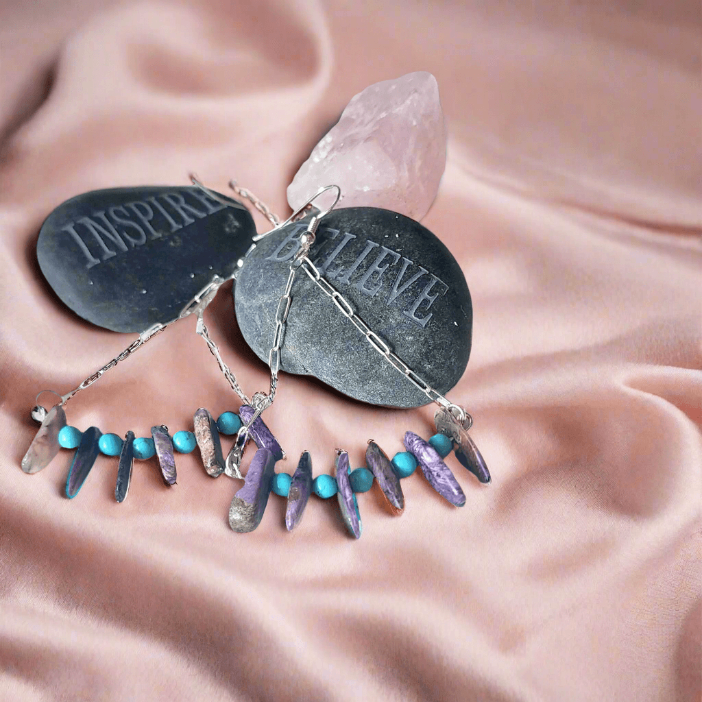 Handmade Sterling Silver Boho Earrings with Charoite & Turquoise Howlite Beads | Positive Energy Jewelry