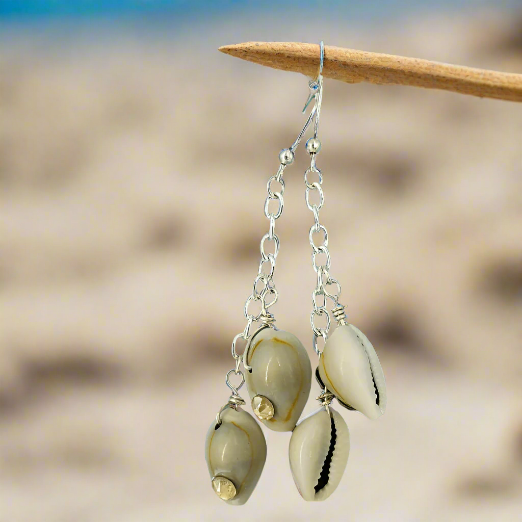 Handcrafted S-Style Cowrie Shell Earrings with Champagne Swarovski Rhinestone
