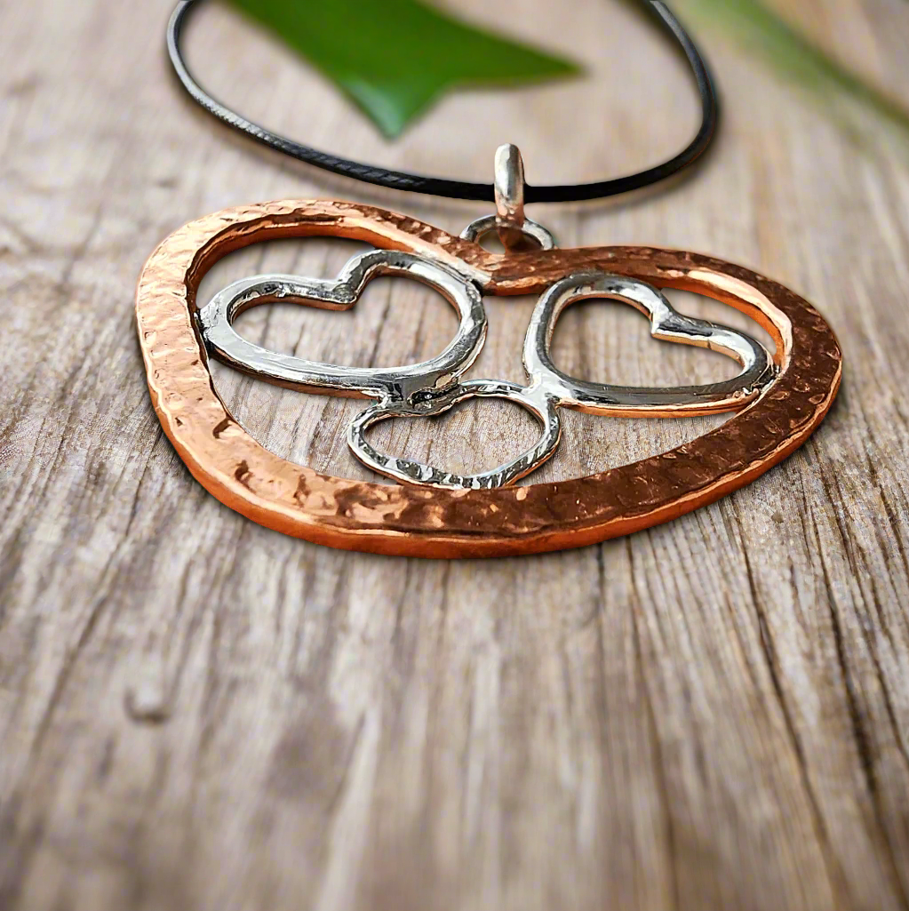 Handmade Quadruple Heart Pendant with Copper & Sterling Silver on Faux Leather