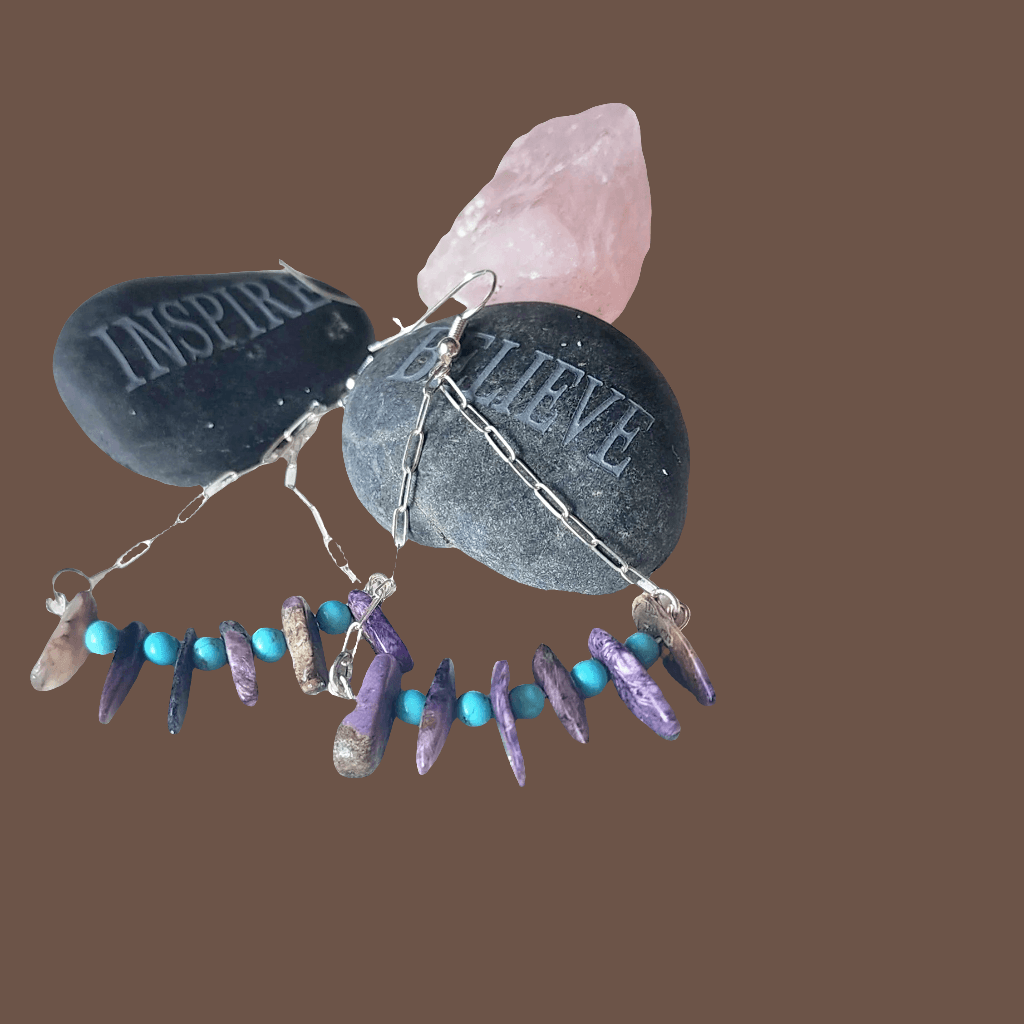 Handmade Sterling Silver Boho Earrings with Charoite & Turquoise Howlite Beads | Positive Energy Jewelry