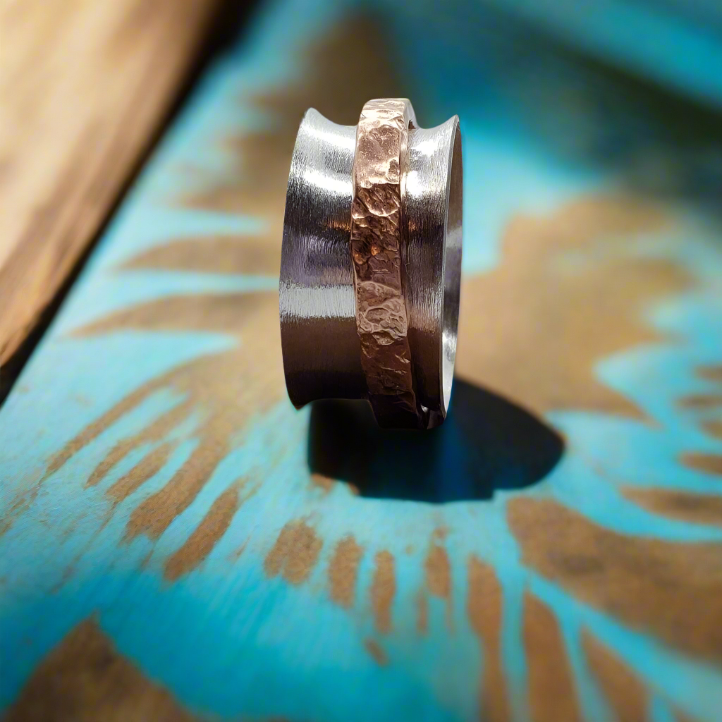 Handmade .925 Sterling Silver Spinner Ring with Copper Hammered Outer Ring | Boho Jewelry - SoFlo Boho Boutique