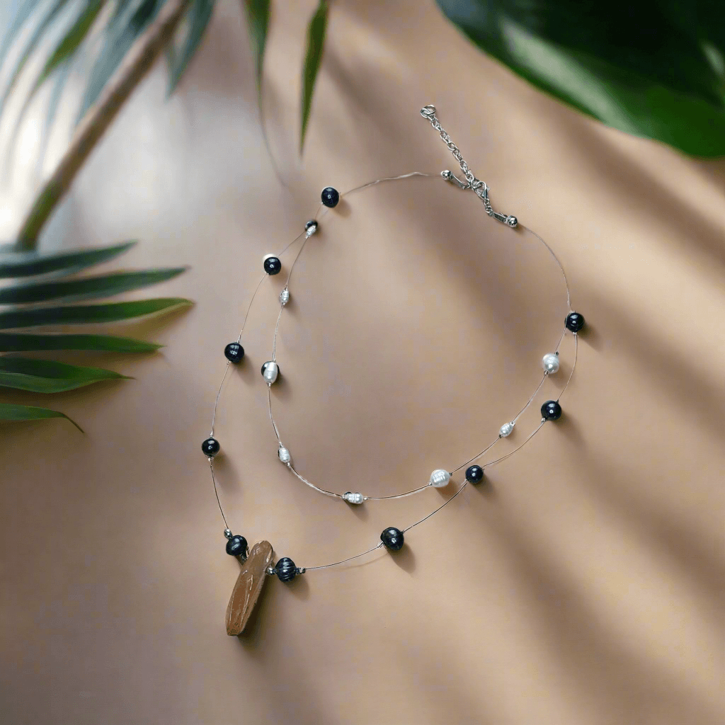 Layered Pearl Necklace - Freshwater Pearls & Amber Quartz Crystal Statement Piece β¨- Handmade Boho Style