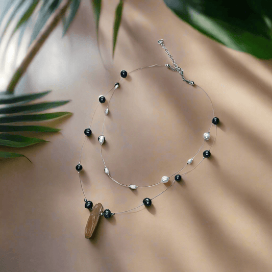 Layered Pearl Necklace - Freshwater Pearls & Amber Quartz Crystal Statement Piece ✨- Handmade Boho Style