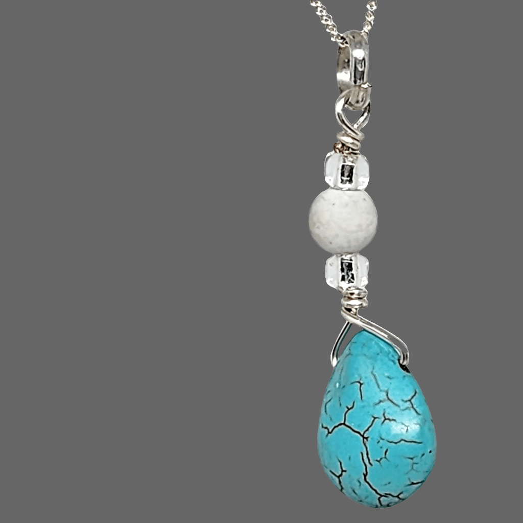 Handmade Elegant Turquoise Howlite Teardrop Pendant on Sterling Silver Satellite Chain