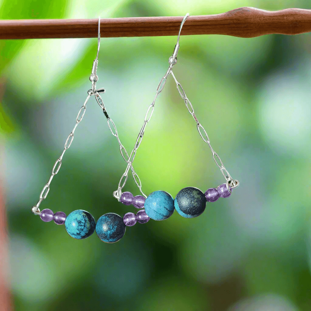Handmade Sterling Silver Boho Earrings with Azurite Malachite & Amethyst Beads