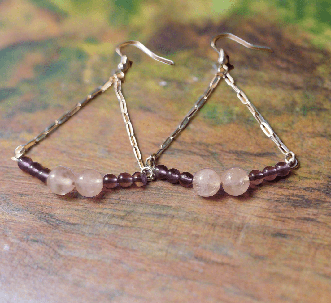 Handmade Sterling Silver Boho Earrings with Rose Quartz & Amethyst Beads | Love & Harmony Jewelry