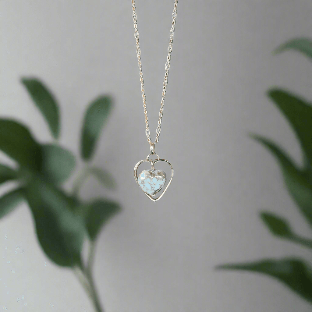 Handcrafted Sterling Silver Heart Pendant Necklace – Lampwork Ceramic Heart Trinket, Sleek Style