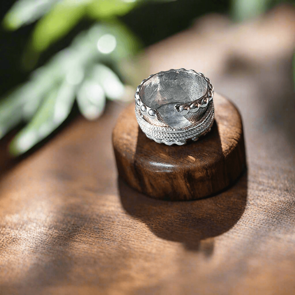 Handcrafted .925 Sterling Silver Boho Spinner Ring | Diamond-Cut Pattern & Half-Bead Detail