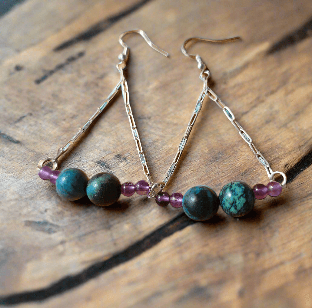 Handmade Sterling Silver Boho Earrings with Azurite Malachite & Amethyst Beads