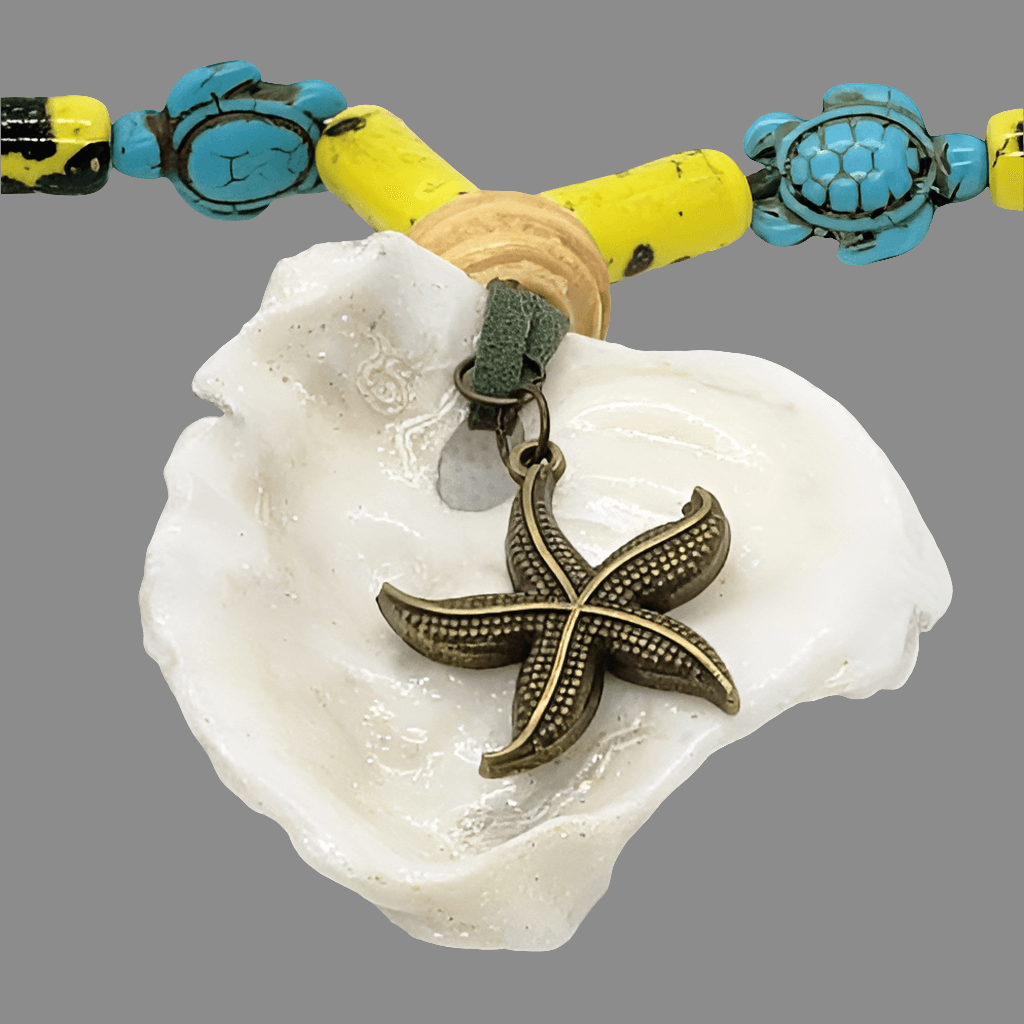Boho Long Adjustable Green Necklace - Lariat - Beach Boho Style - Seashell - Turquoise Turtle Charms