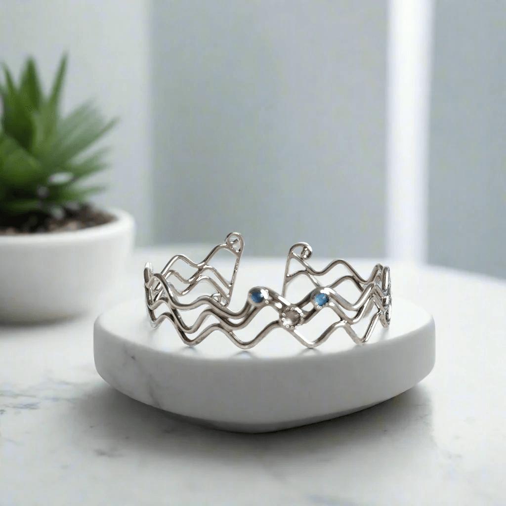 Flowing Ocean Waves Sterling Silver Cuff - Handcrafted with Sparkling Swarovski Crystals