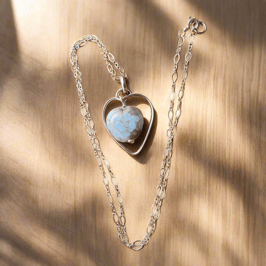 Handcrafted Sterling Silver Heart Pendant Necklace – Lampwork Ceramic Heart Trinket, Sleek Style