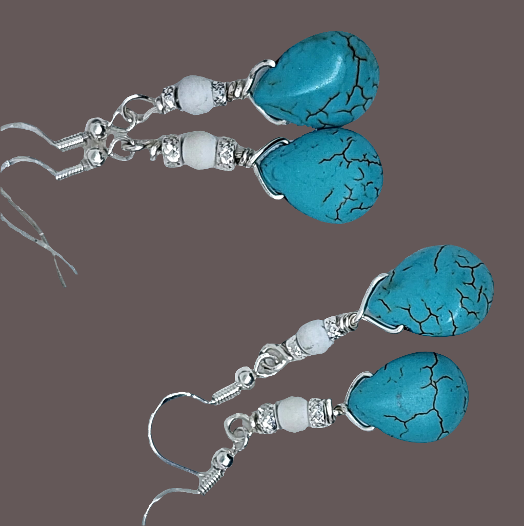 Elegant Teardrop Turquoise Howlite & White Howlite Sterling Silver Earrings - Handmade Earrings