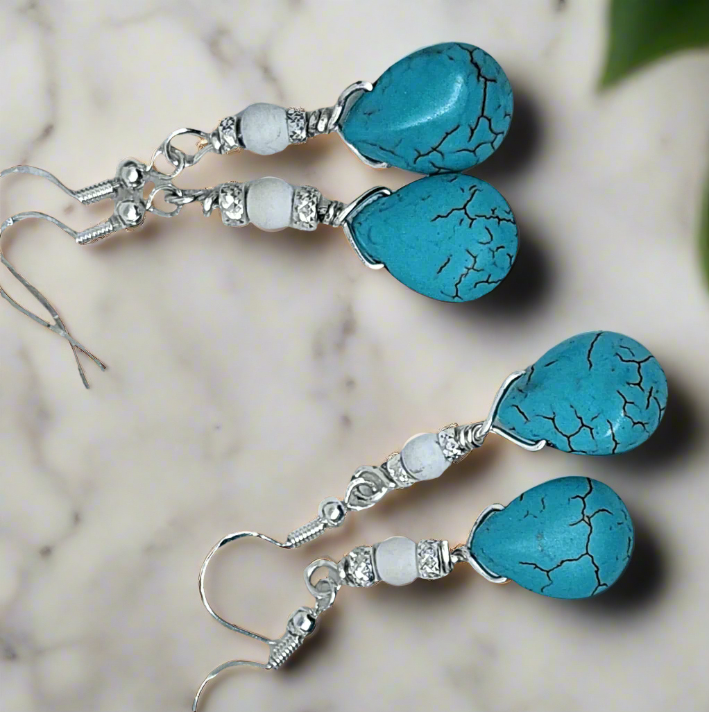 Elegant Teardrop Turquoise Howlite & White Howlite Sterling Silver Earrings - Handmade Earrings