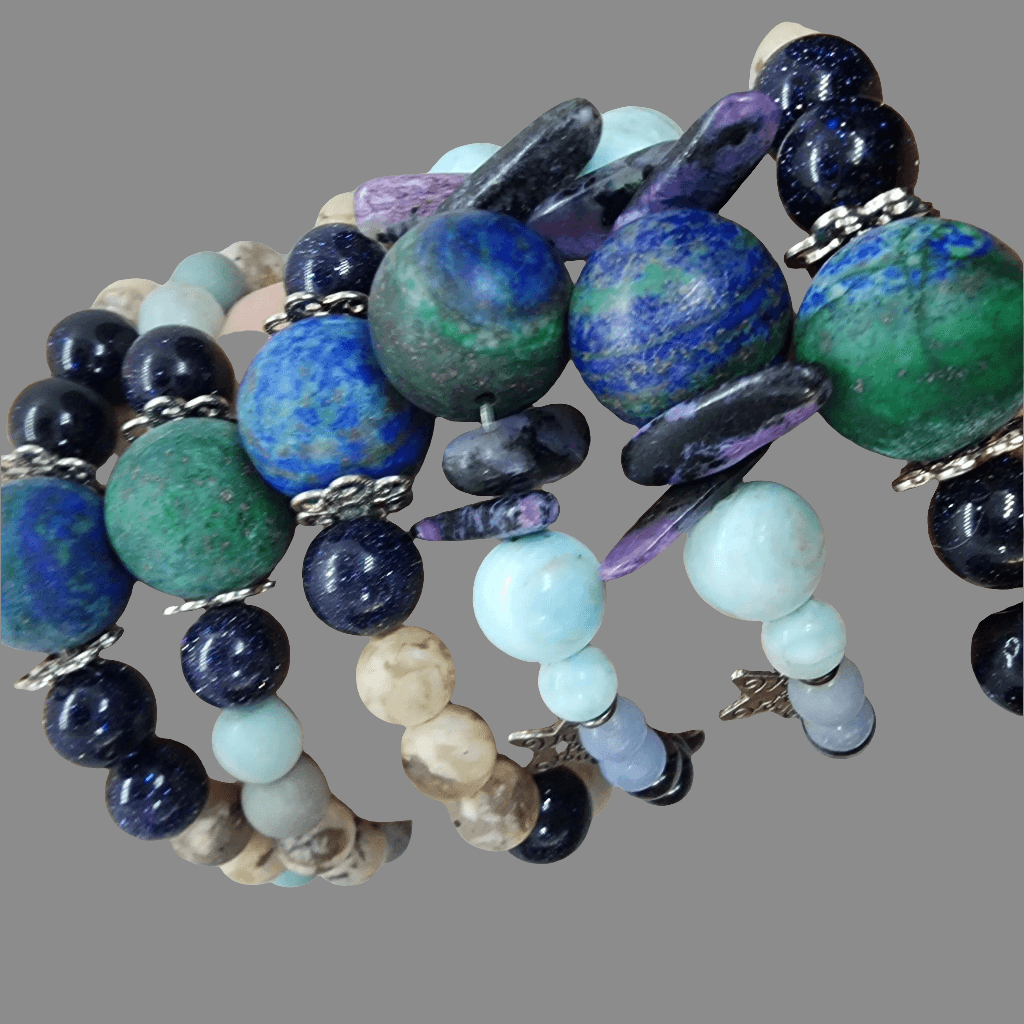 Handcrafted Gemstone Stretch Bracelet with Azurite Malachite Centerpiece - Encouragement, Grounding n
