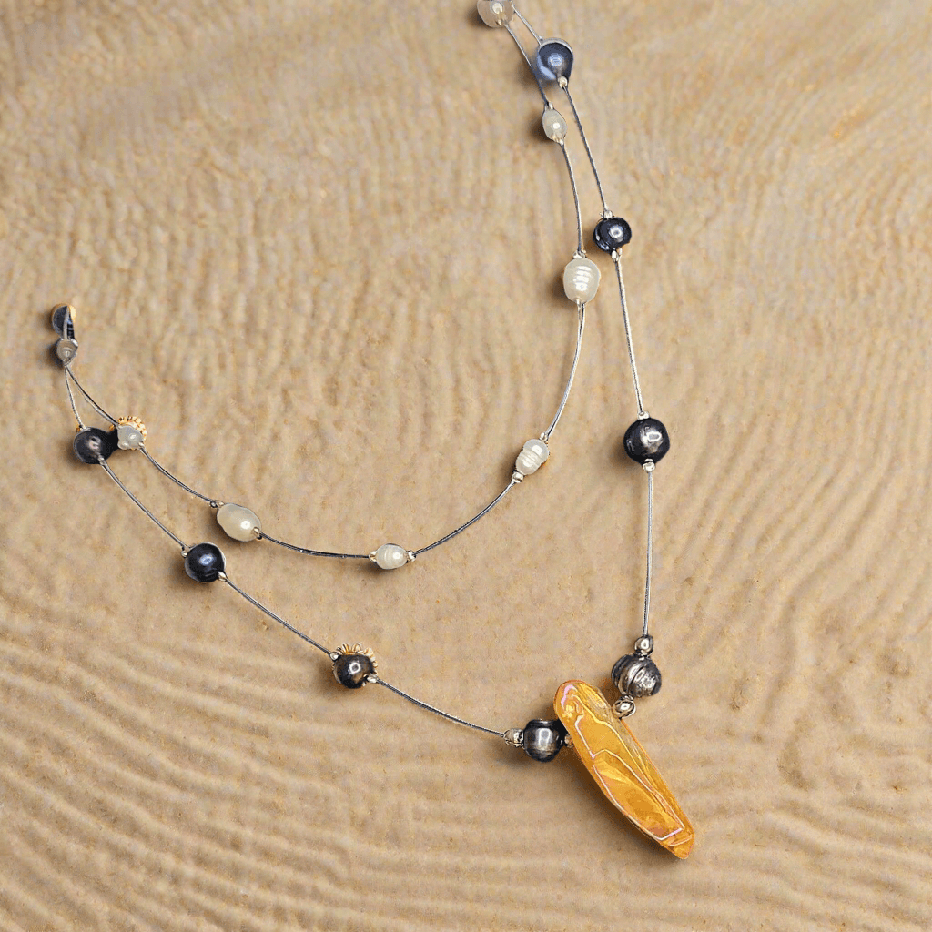 Layered Pearl Necklace - Freshwater Pearls & Amber Quartz Crystal Statement Piece β¨- Handmade Boho Style