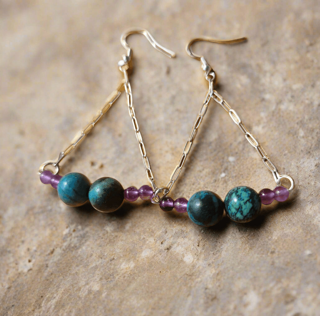 Handmade Sterling Silver Boho Earrings with Azurite Malachite & Amethyst Beads