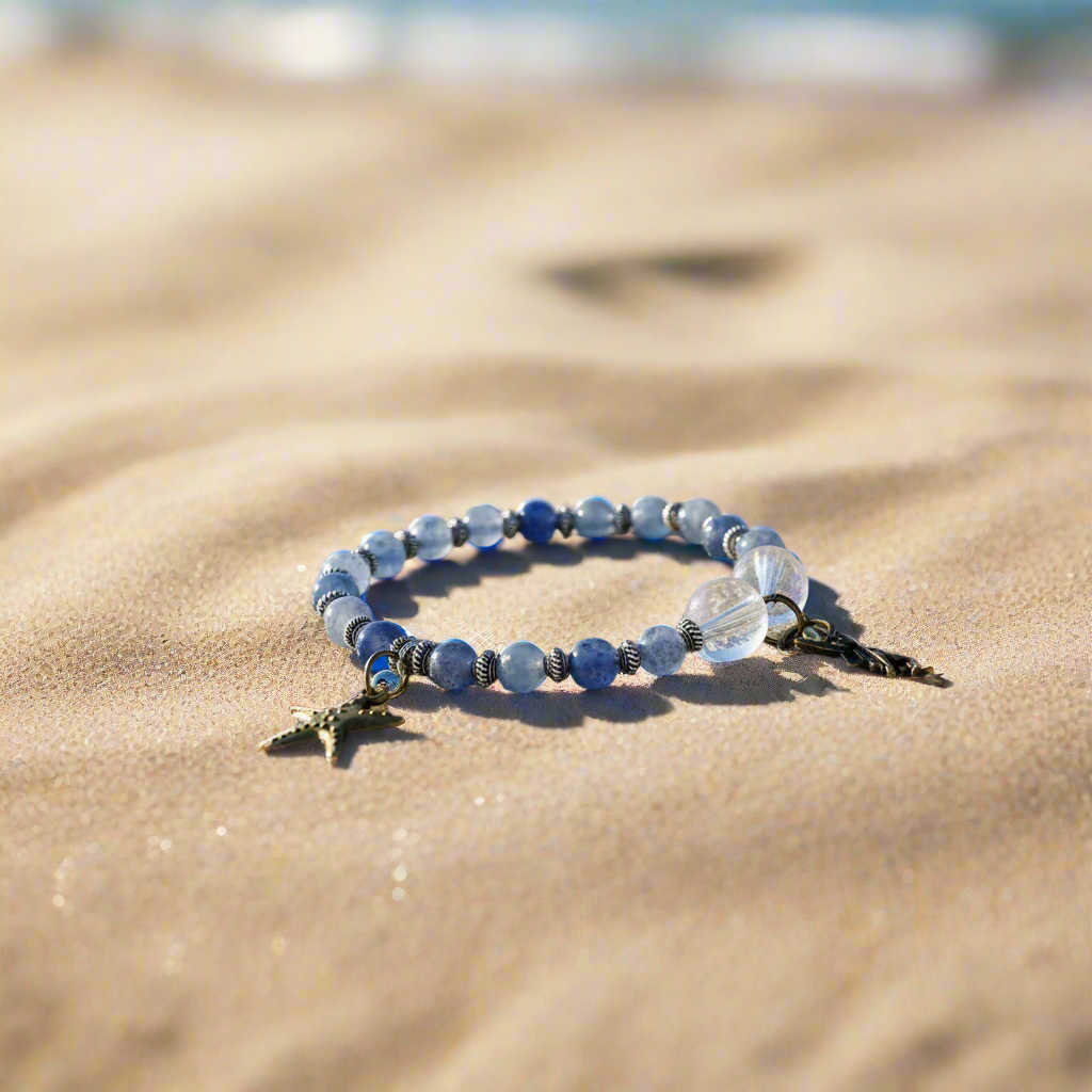 Blue Aventurine Stretchband With Angel Aura Quartz And Fairy-Starfish Charm - South Florida Boho Boutique