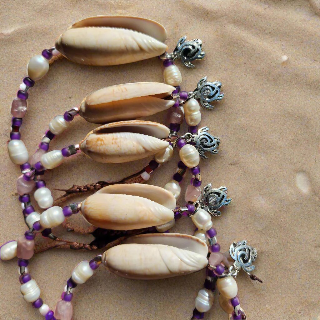 Beach wedding shell bracelet set – natural Olive shells with pink and purple gemstone beads and pearl accents
