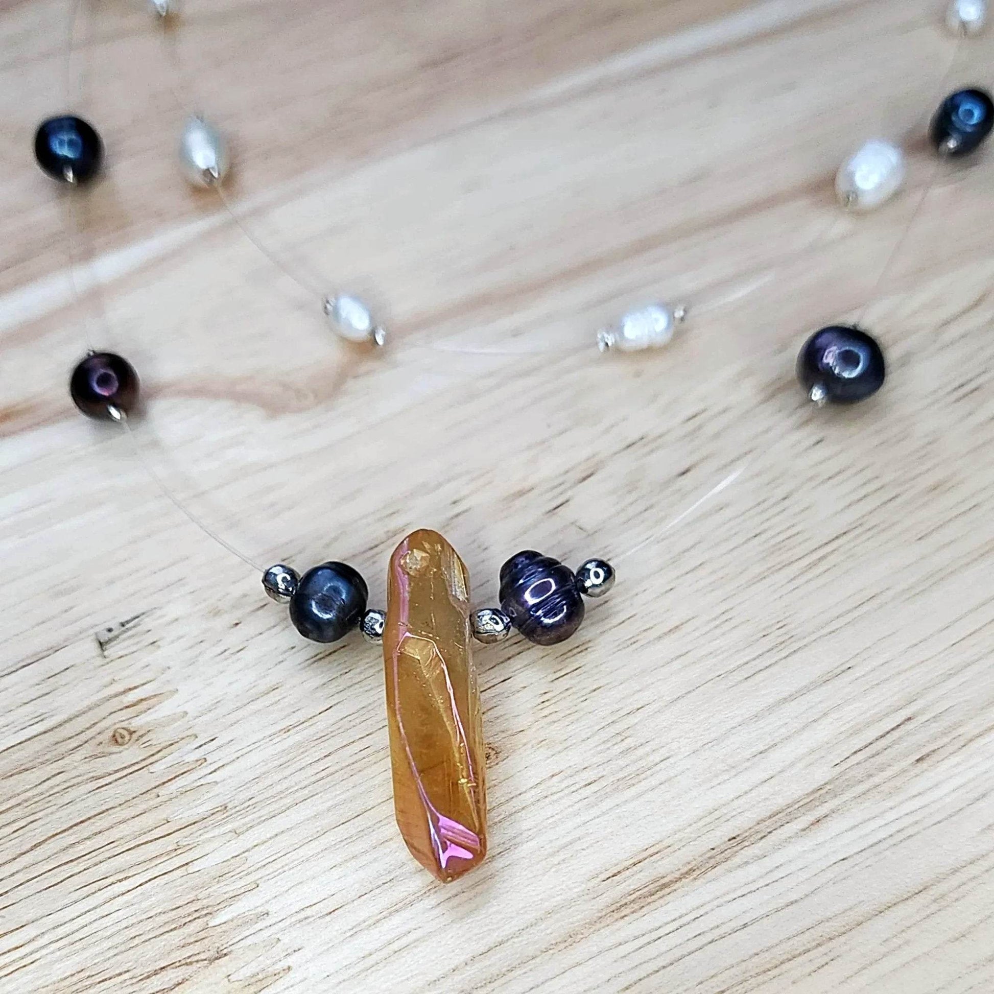 Layered Pearl Necklace - Freshwater Pearls & Amber Quartz Crystal Statement Piece β¨- Handmade Boho Style