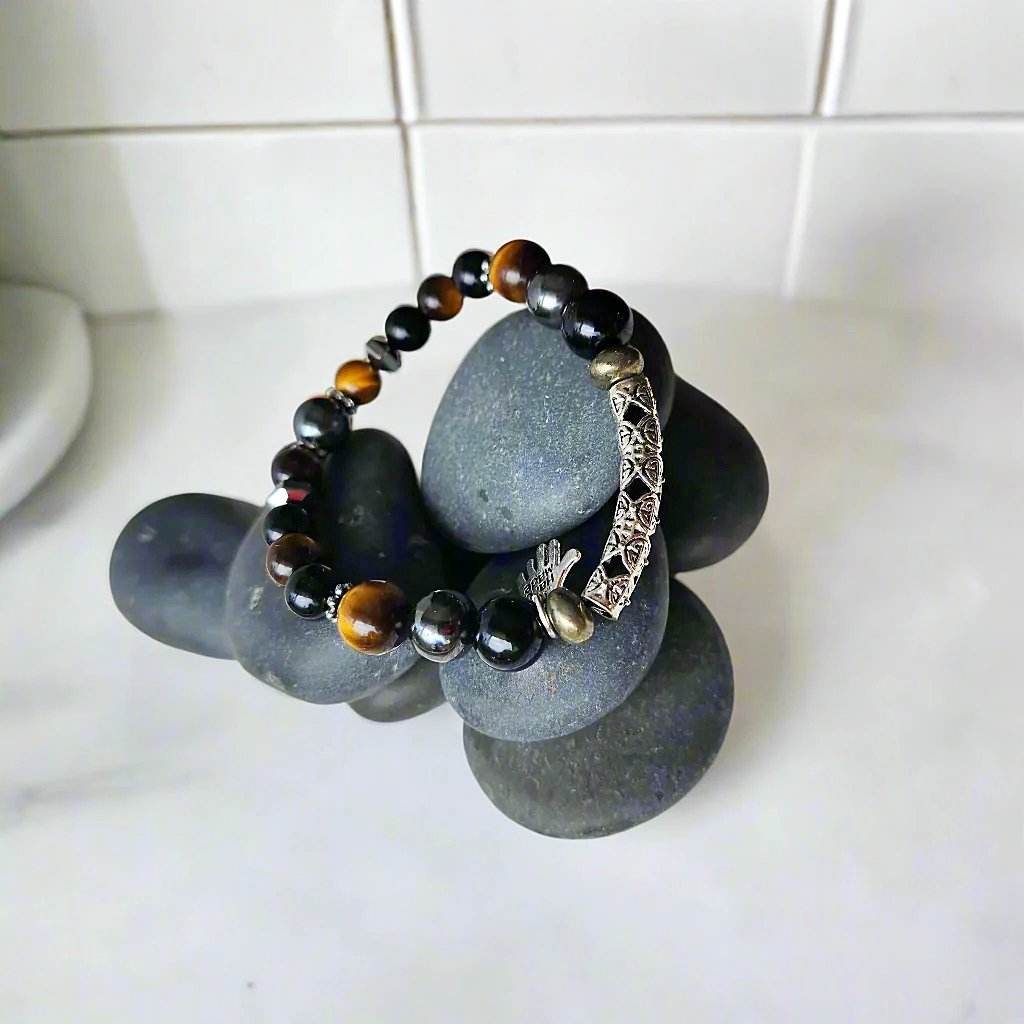 Men’s Gemstone Bracelet – Tiger’s Eye, Hematite & Black Onyx | Handmade Spiritual Healing Jewelry