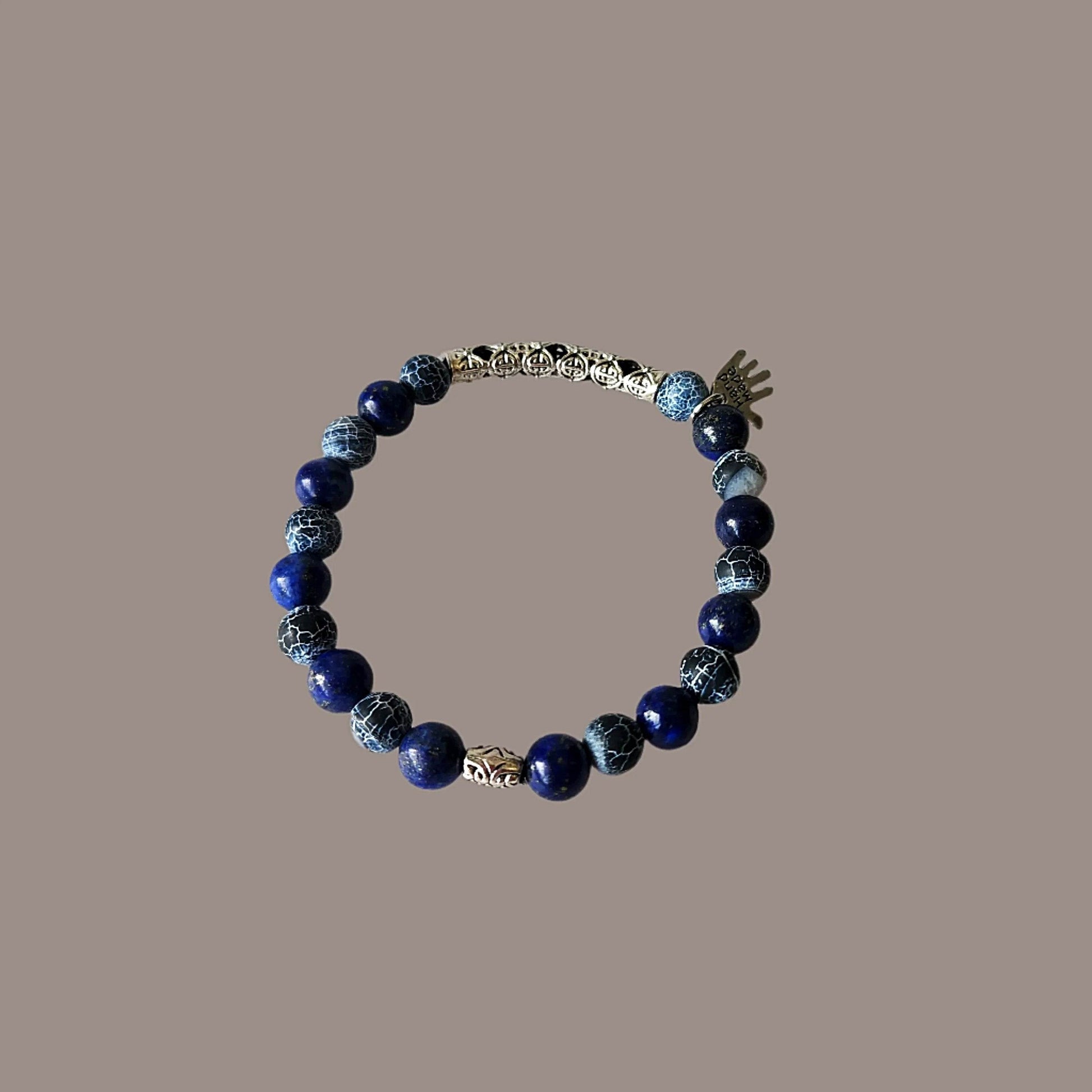 Men’s Gemstone Bracelet – Black Crackled Jasper & Lapis Lazuli with Silver-Tone Center