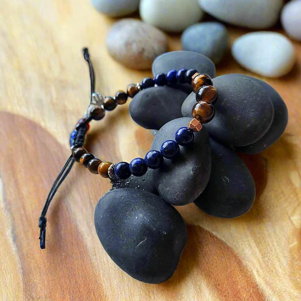 Men's Tiger’s Eye & Lapis Lazuli Bracelet – Bronze & Silver-Tone Accents