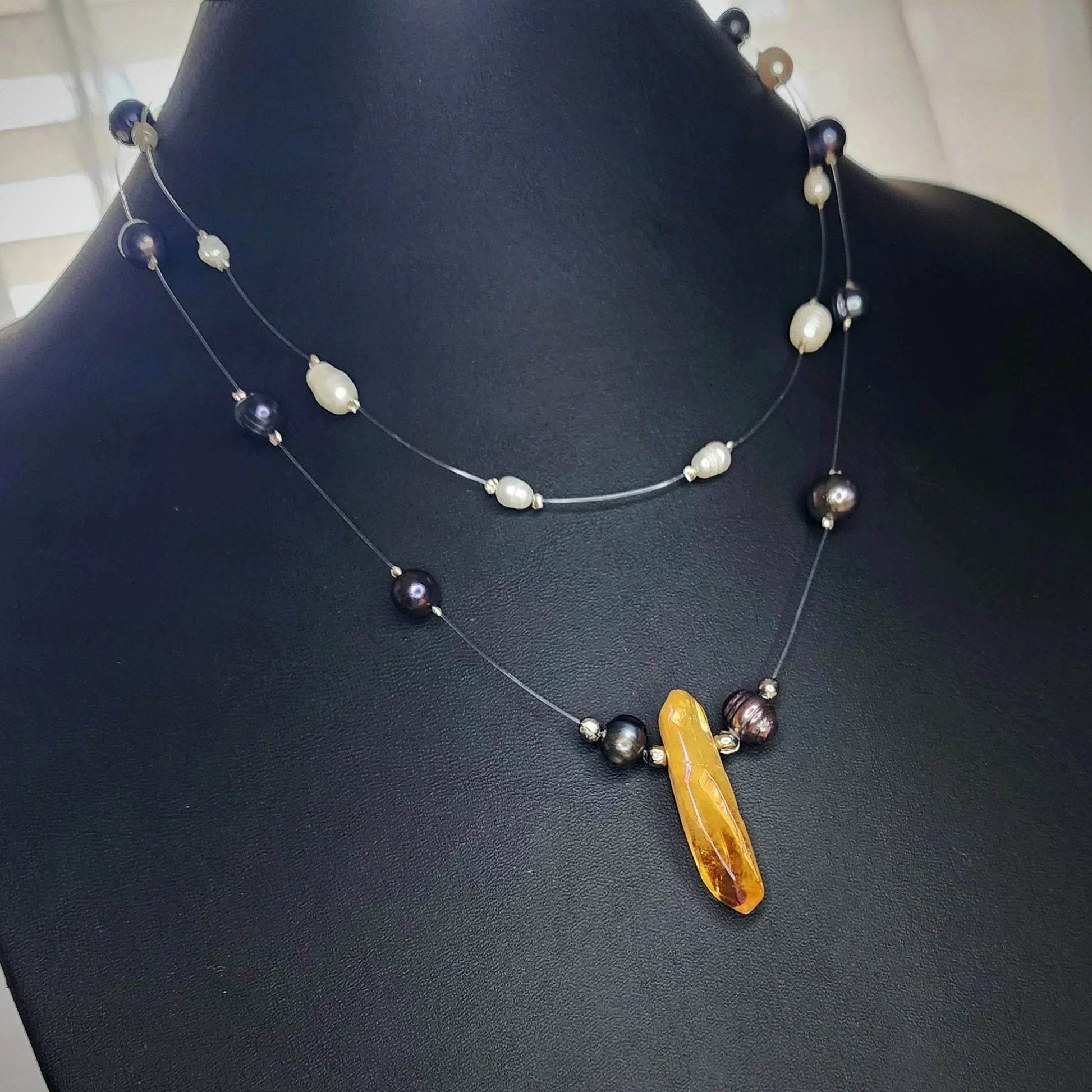 Layered Pearl Necklace - Freshwater Pearls & Amber Quartz Crystal Statement Piece β¨- Handmade Boho Style