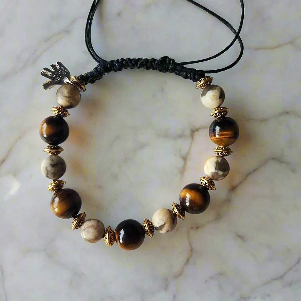 Natural Stone Men's Drawstring Bracelet – Tiger’s Eye & Feldspar, 8–10mm - adjustable