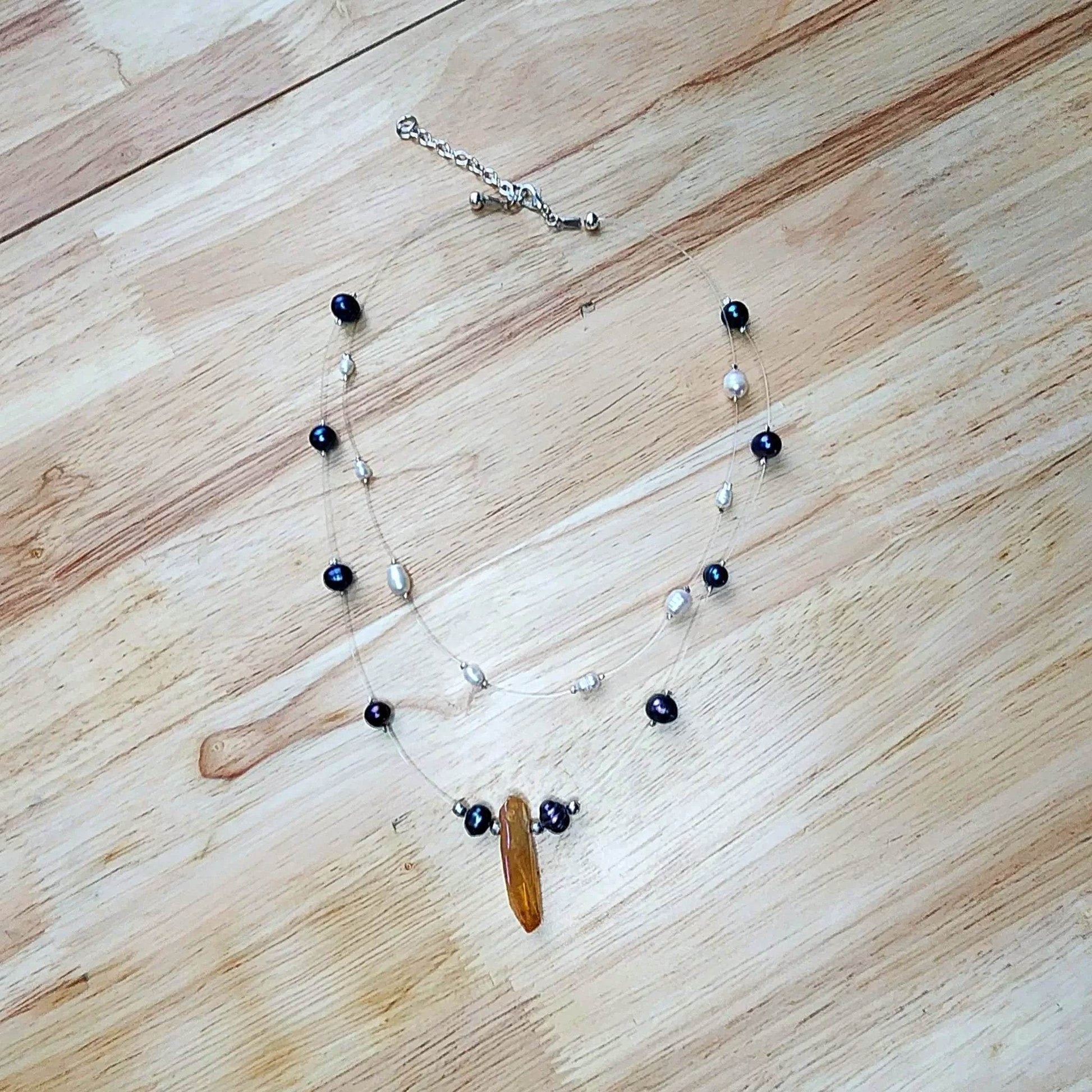 Layered Pearl Necklace - Freshwater Pearls & Amber Quartz Crystal Statement Piece β¨- Handmade Boho Style