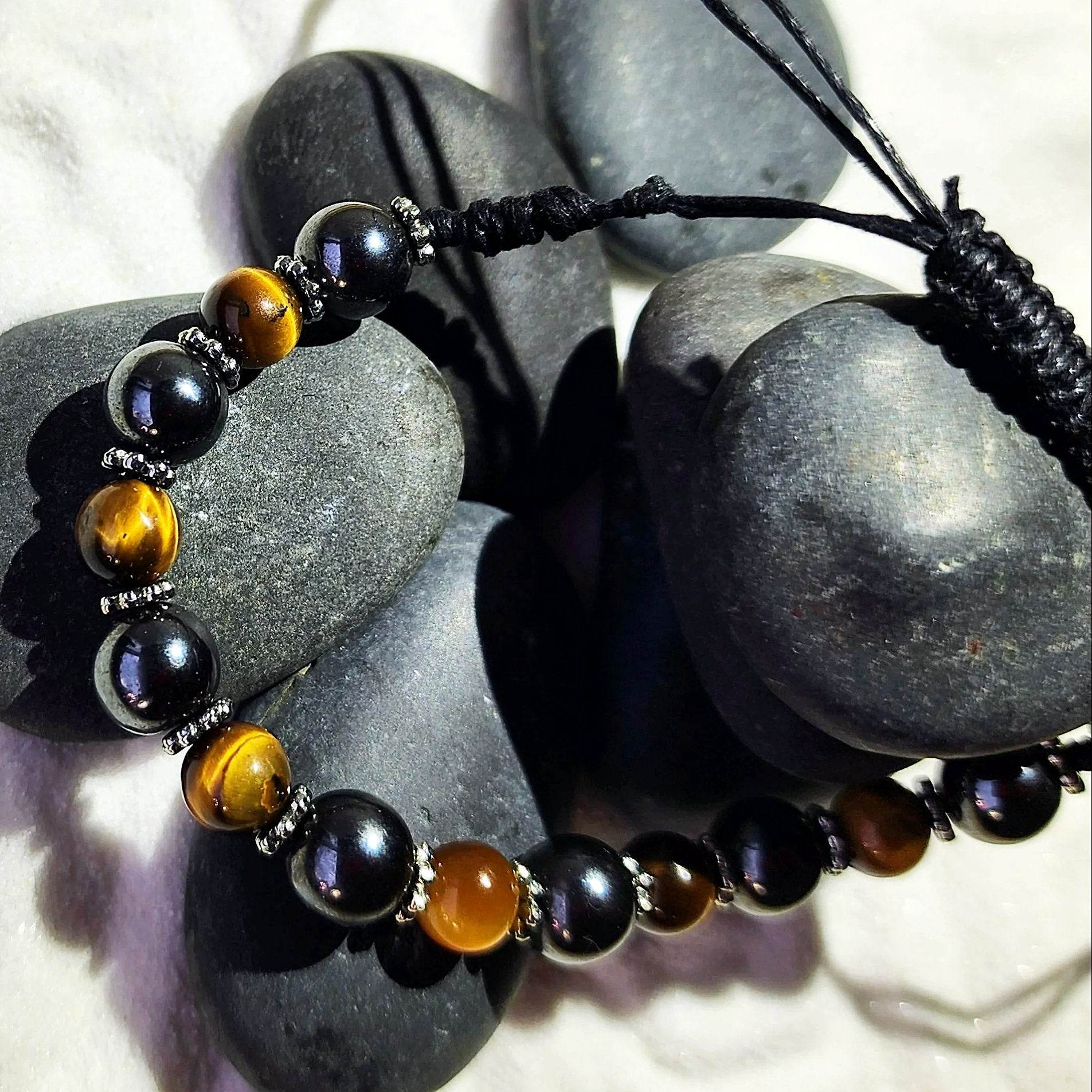 Men's Tiger's Eye & Hematite Drawstring Bracelet – 8mm/9mm Beads - adjustable