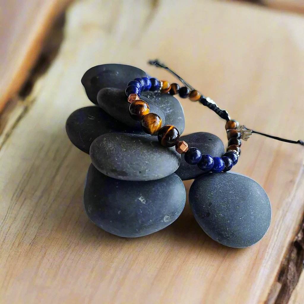Men's Tiger’s Eye & Lapis Lazuli Bracelet – Bronze & Silver-Tone Accents