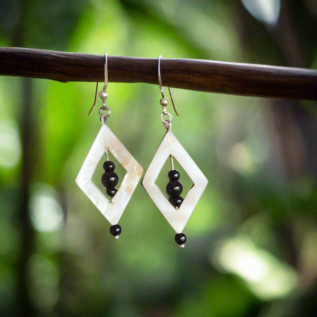 Handmade Mother of Pearl Diamond-Shaped Earrings with Jasper Beads