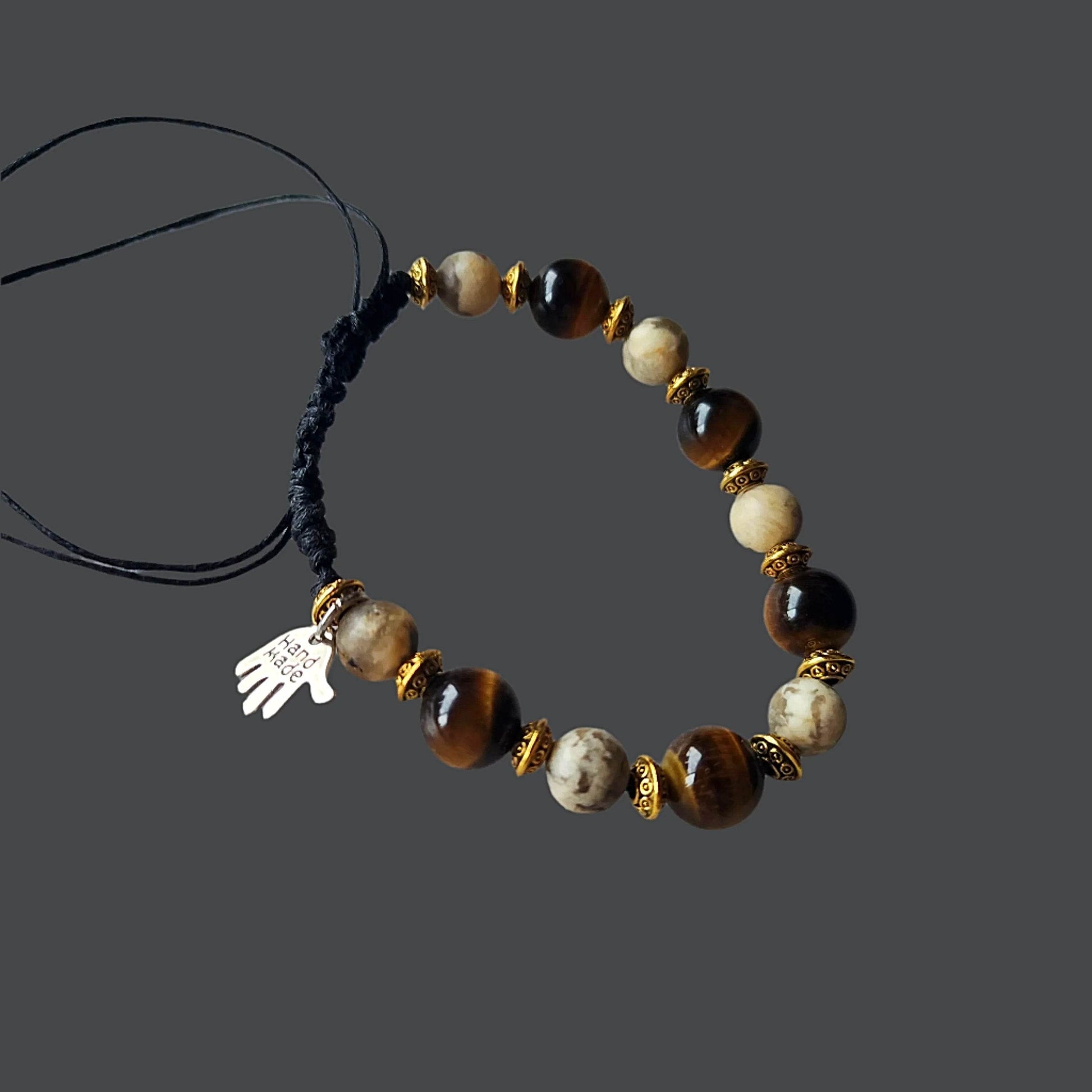 Natural Stone Men's Drawstring Bracelet – Tiger’s Eye & Feldspar, 8–10mm - adjustable