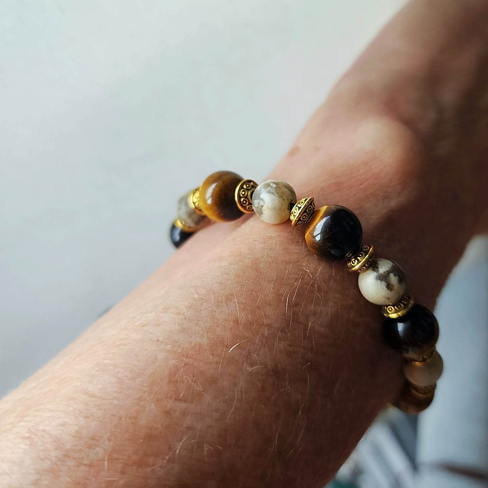 Natural Stone Men's Drawstring Bracelet – Tiger’s Eye & Feldspar, 8–10mm - adjustable