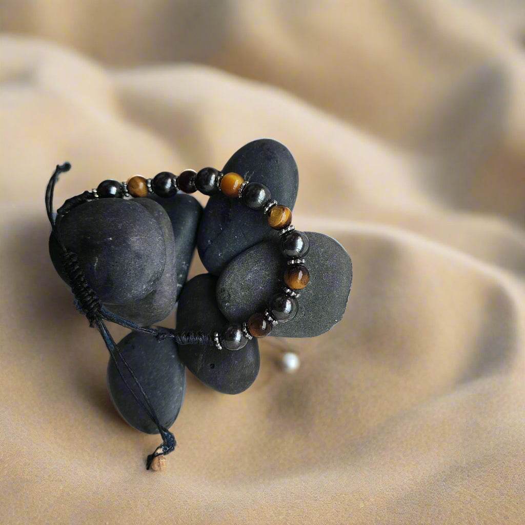 Men's Tiger's Eye & Hematite Drawstring Bracelet – 8mm/9mm Beads - adjustable