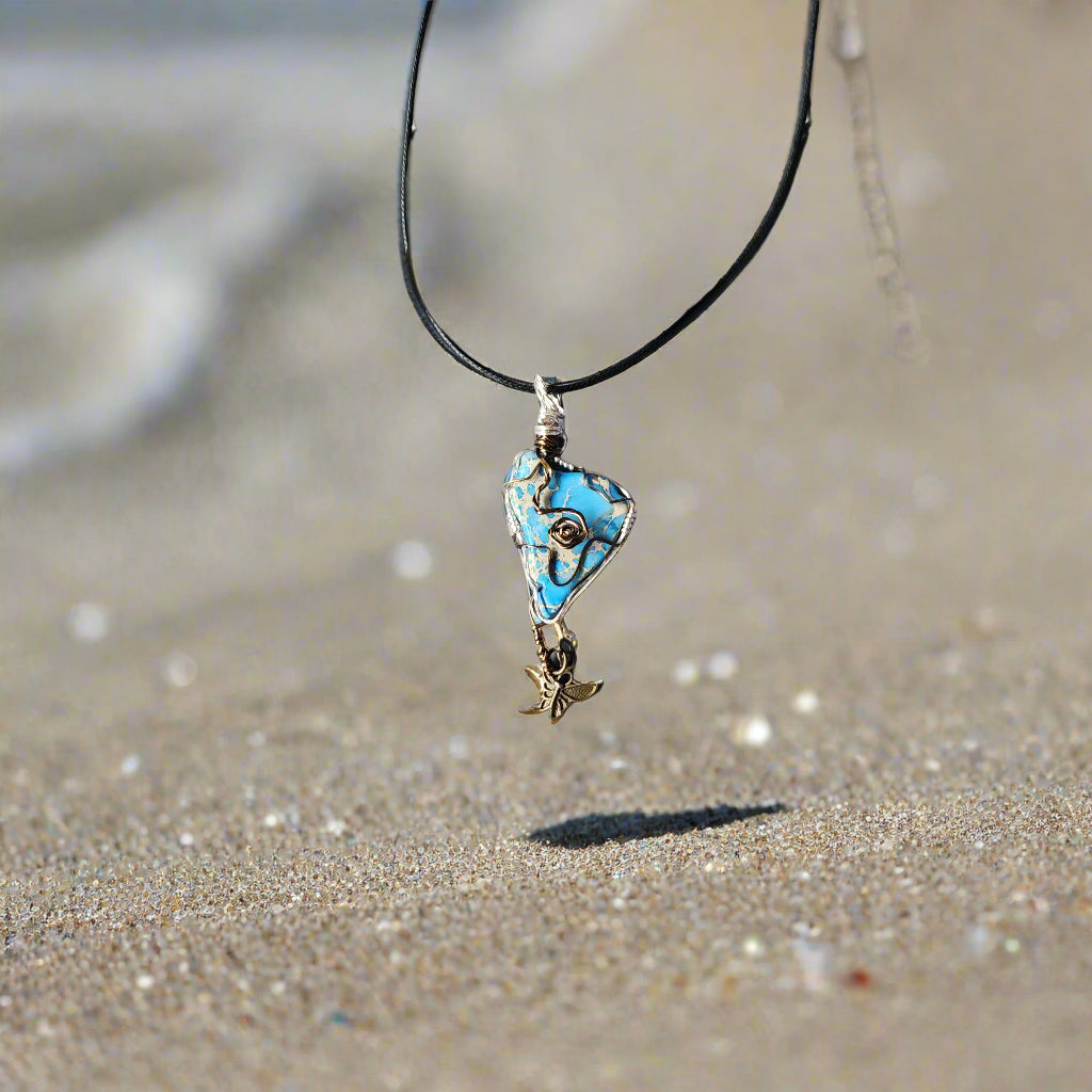Handmade Sea Sediment Jasper Pendant Necklace with Butterfly Charm