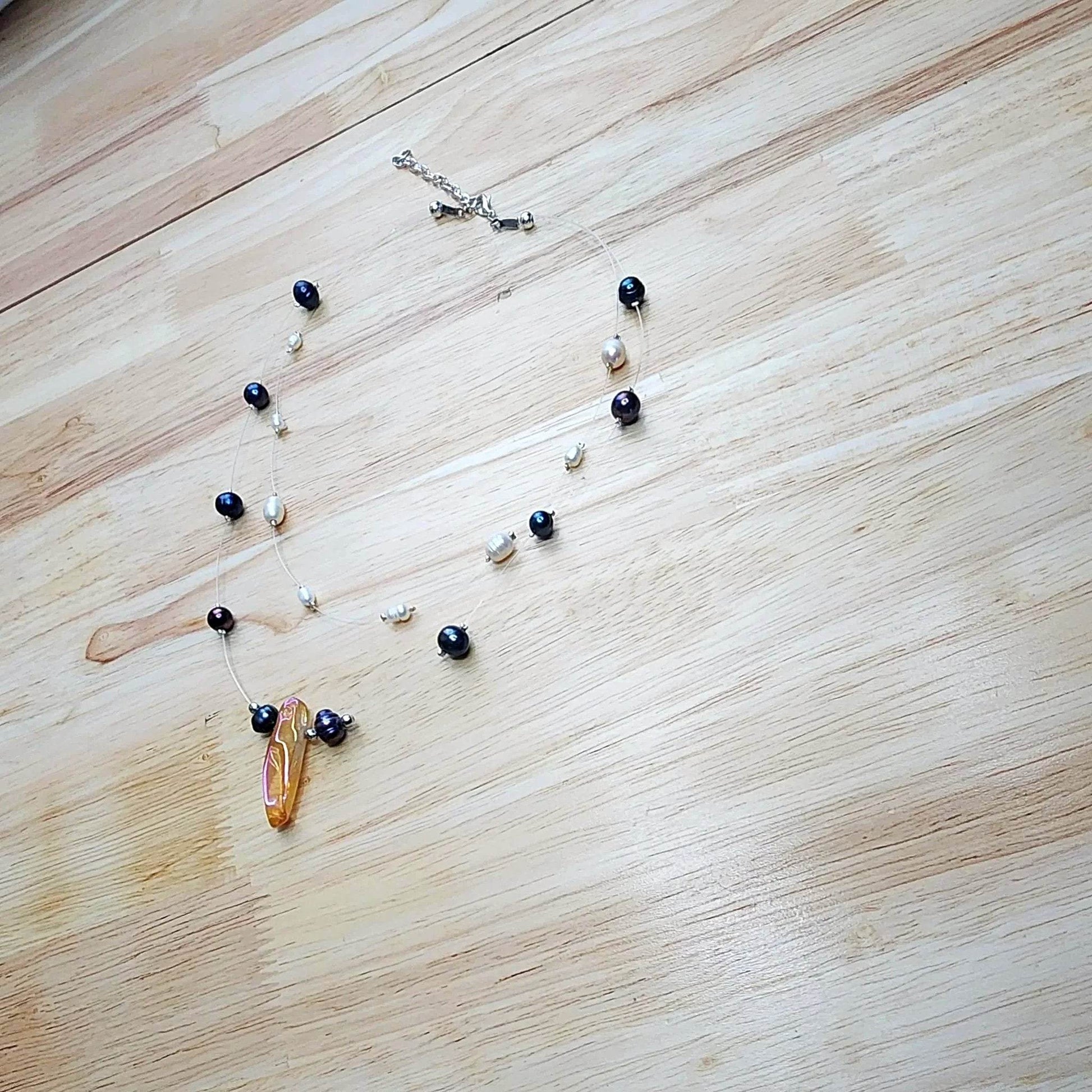 Layered Pearl Necklace - Freshwater Pearls & Amber Quartz Crystal Statement Piece β¨- Handmade Boho Style