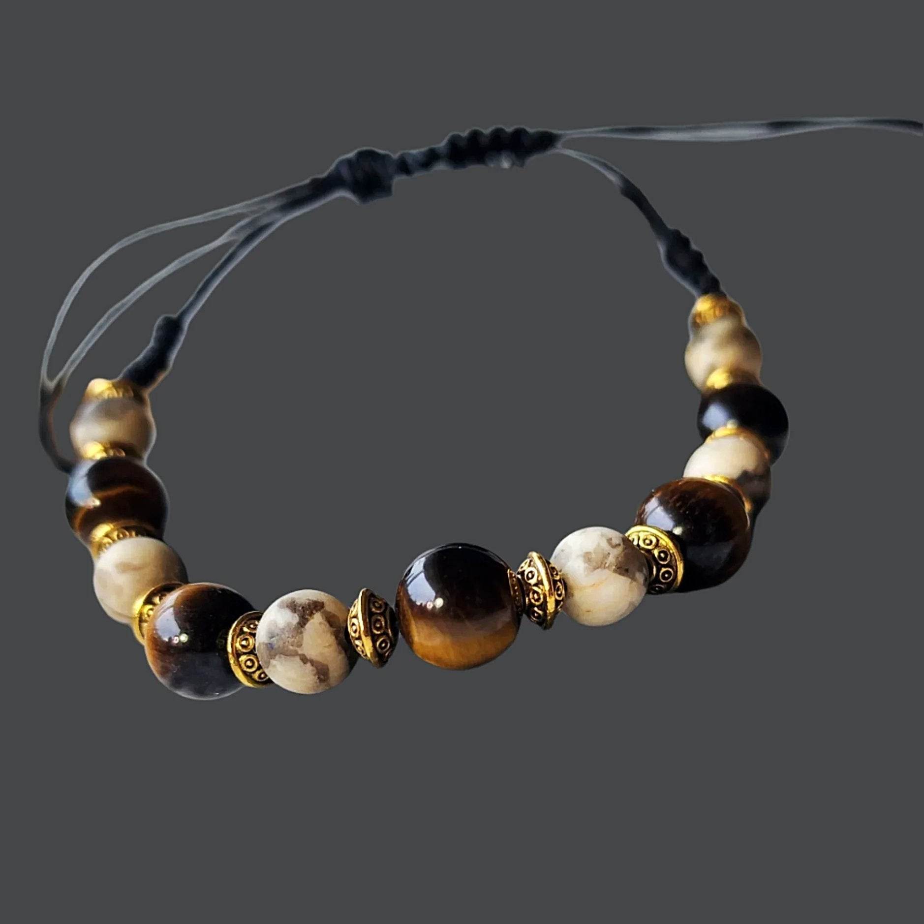 Natural Stone Men's Drawstring Bracelet – Tiger’s Eye & Feldspar, 8–10mm - adjustable