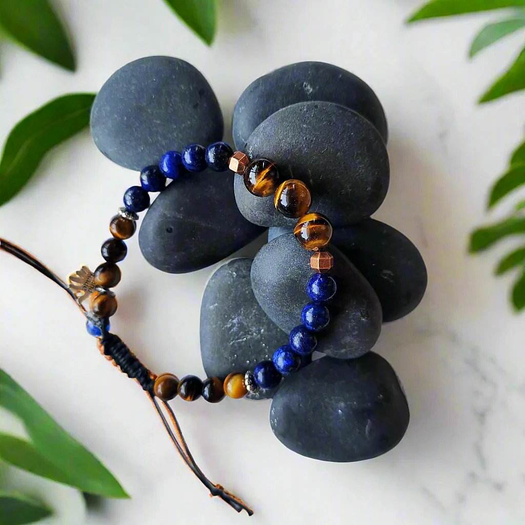 Men's Tiger’s Eye & Lapis Lazuli Bracelet – Bronze & Silver-Tone Accents