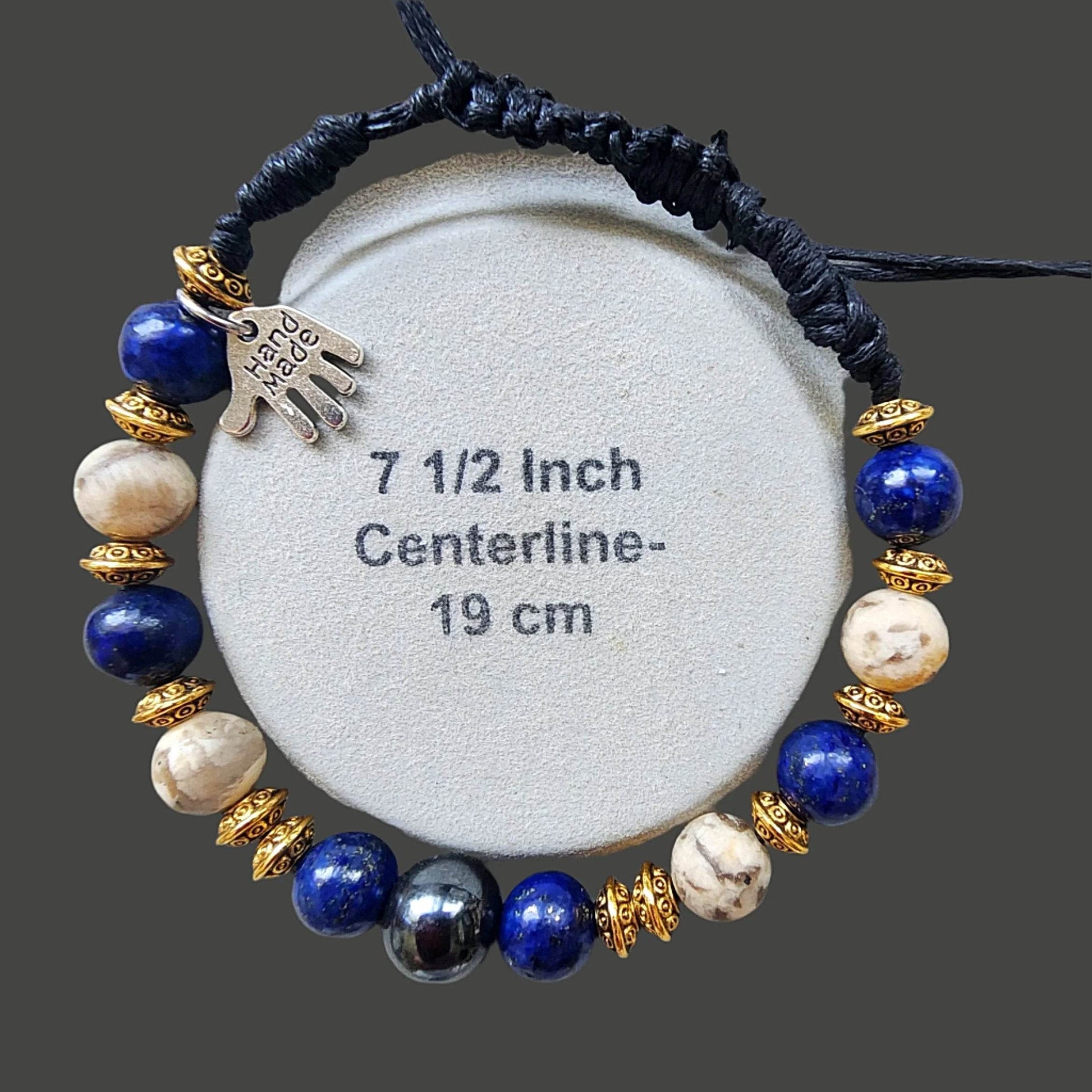 Men’s Lapis, Feldspar & Hematite Drawstring Bracelet – Gold Spacer Accents