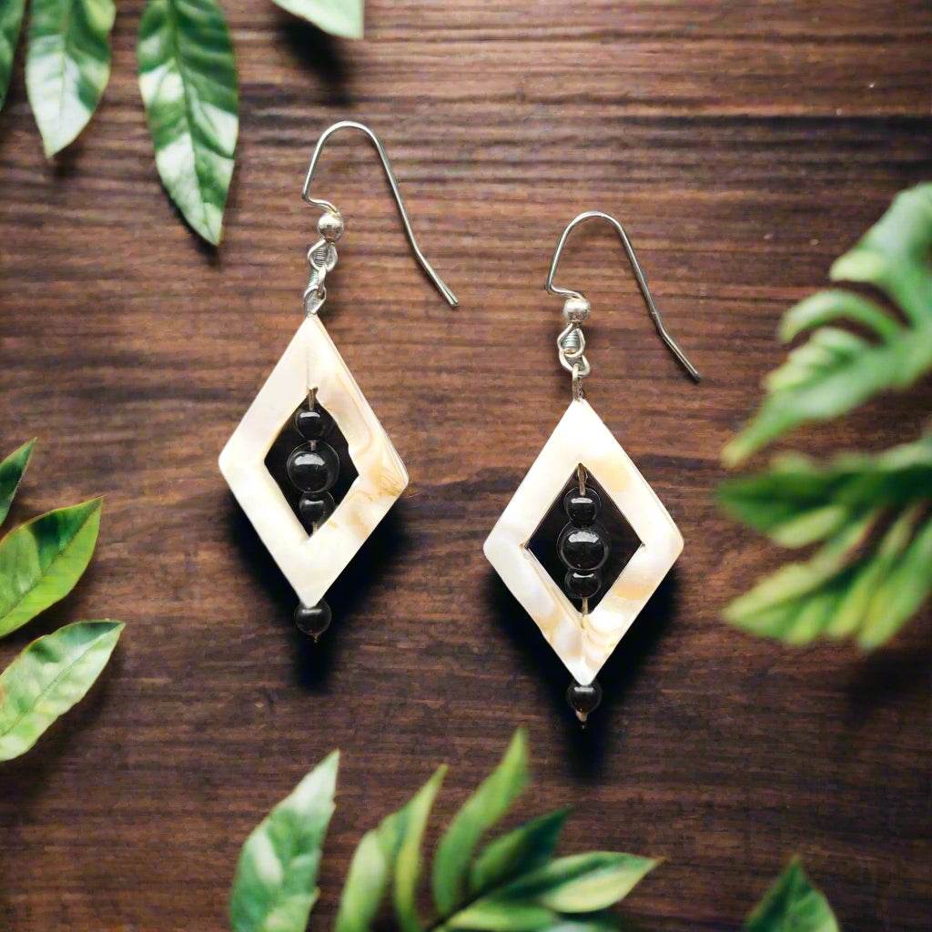 Handmade Mother of Pearl Diamond-Shaped Earrings with Jasper Beads