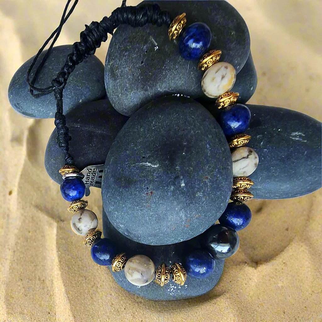 Men’s Lapis, Feldspar & Hematite Drawstring Bracelet – Gold Spacer Accents