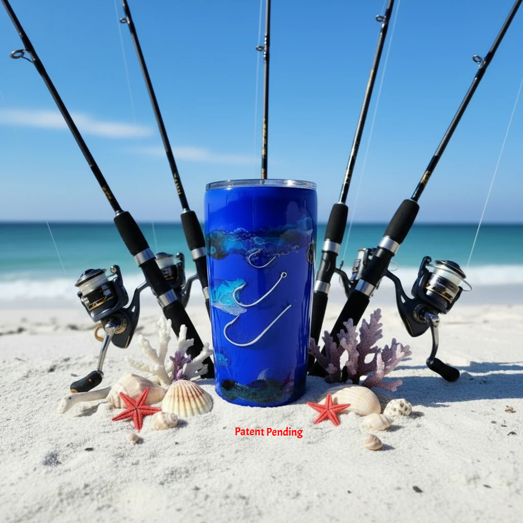 blue tumbler on the beach with fishing rods